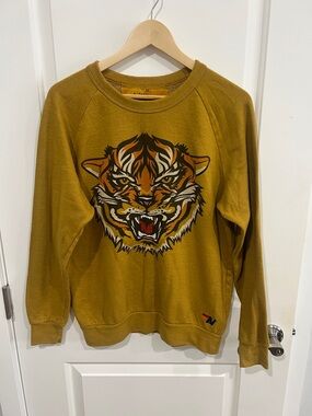 Aviator Nation Tiger Printed Graphic Crewneck Sweater Mustard - sz M